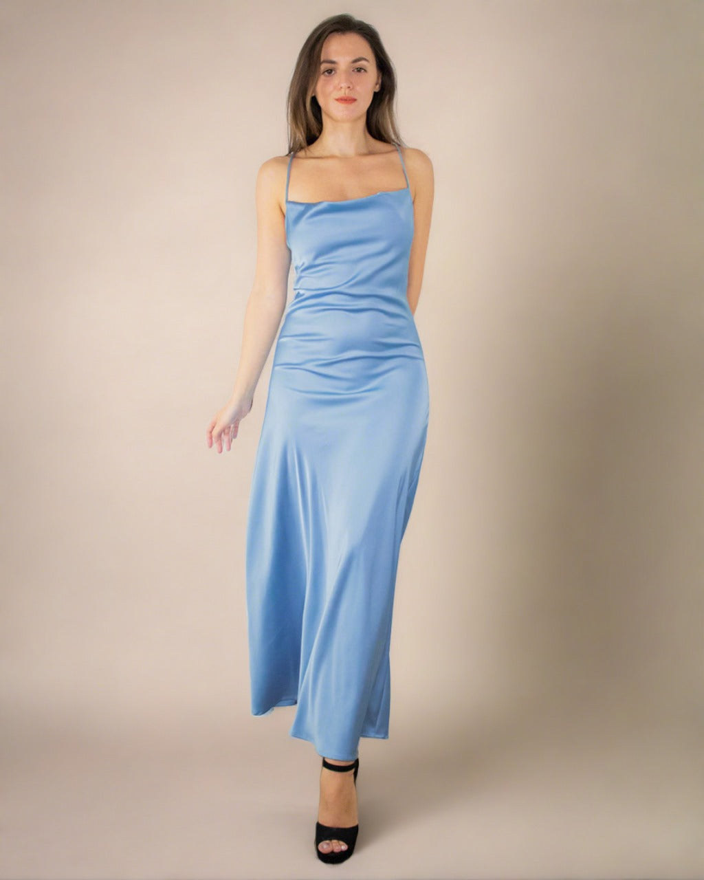 Blue Satin Cowl Neck Dress - Long Satin ...
